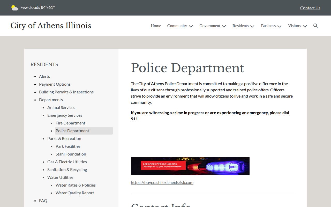 Athens Police Department official page with city contact and accident report link