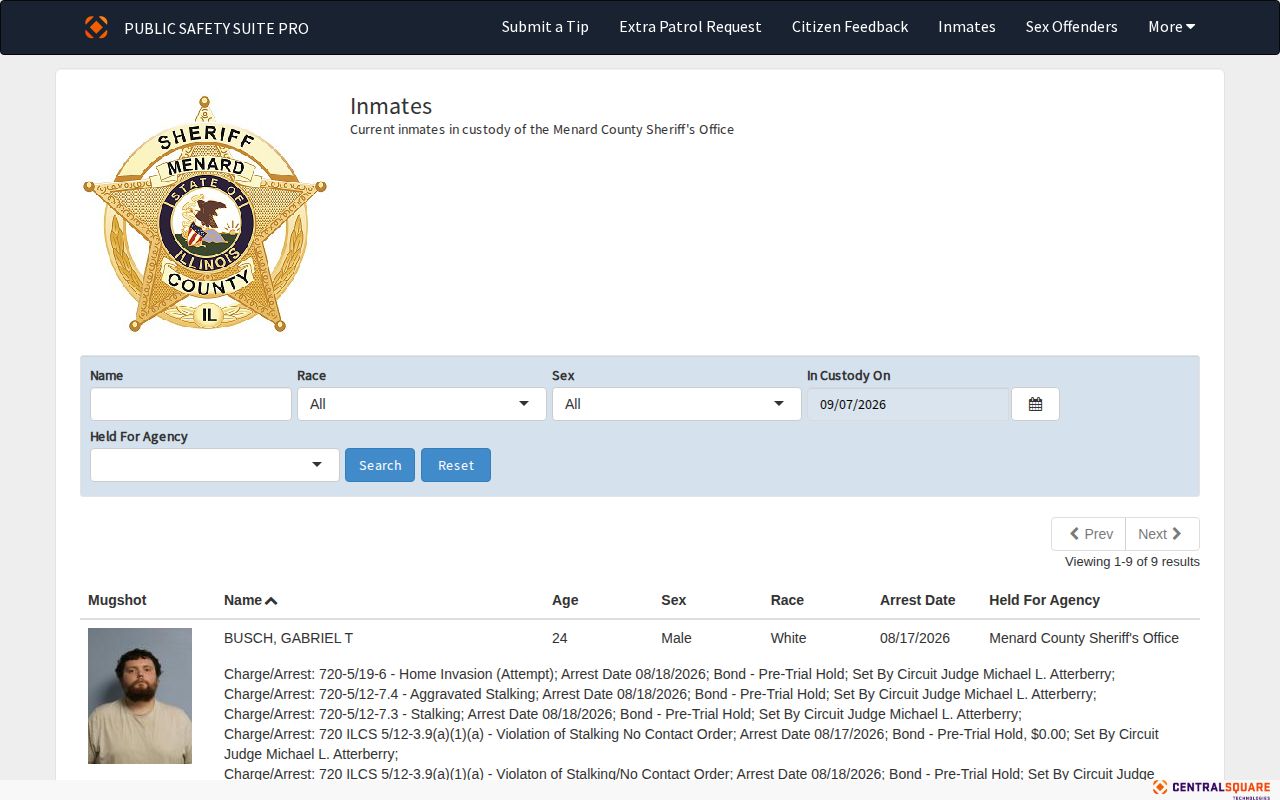 Menard County official current inmate roster search interface