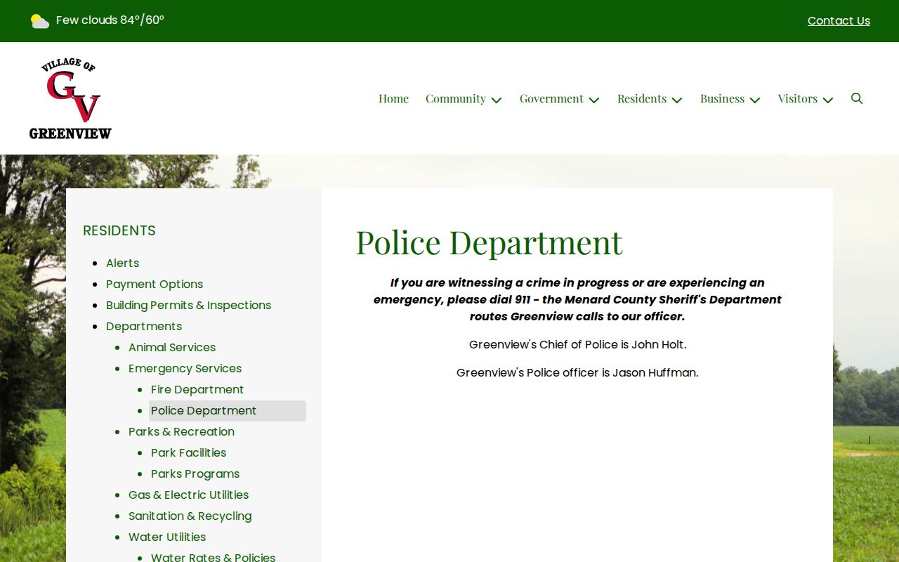 Greenview Police Department page naming local officers and Menard County sheriff dispatch routing