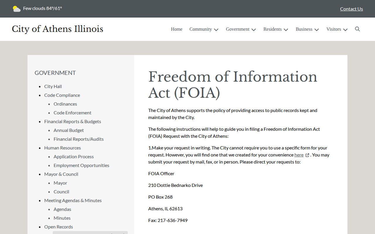 Athens Illinois FOIA request requirements, timing, and copy fee information