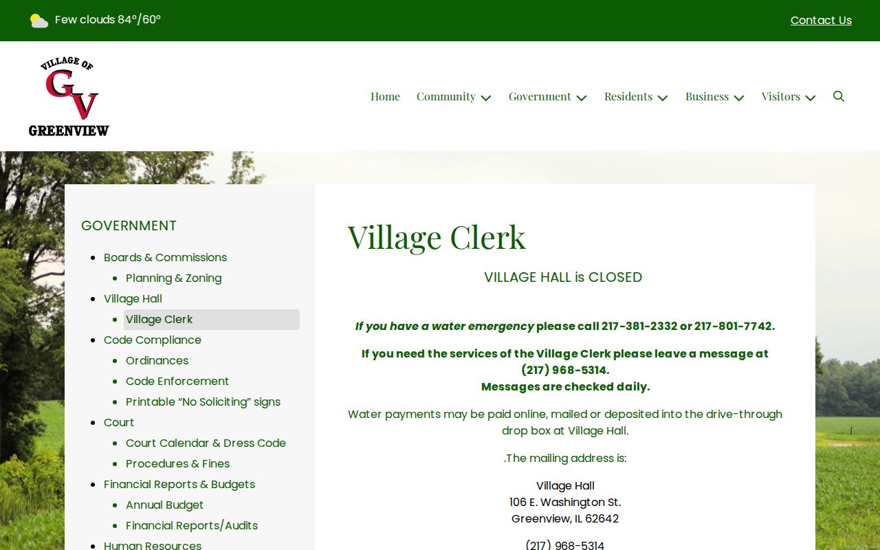 Greenview Village Clerk page with Village Hall address, telephone, and email