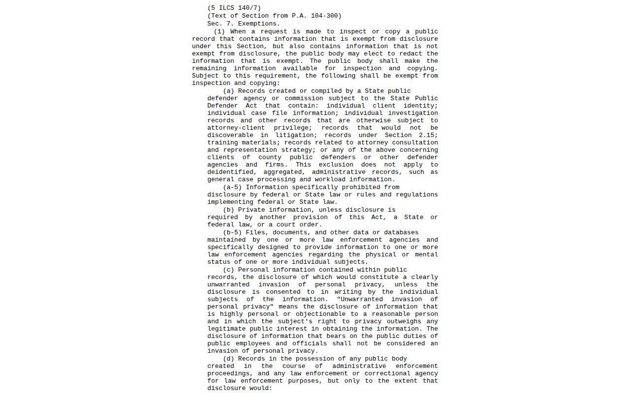Illinois Freedom of Information Act exemptions page