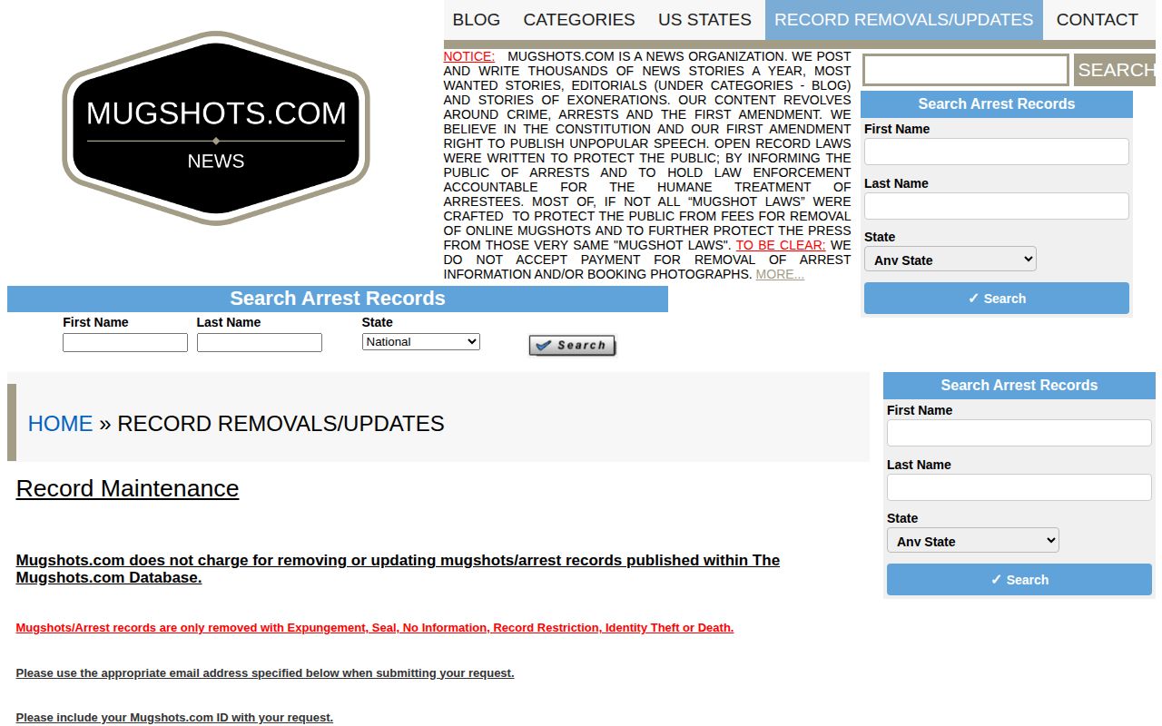 Mugshots.com free record maintenance information page